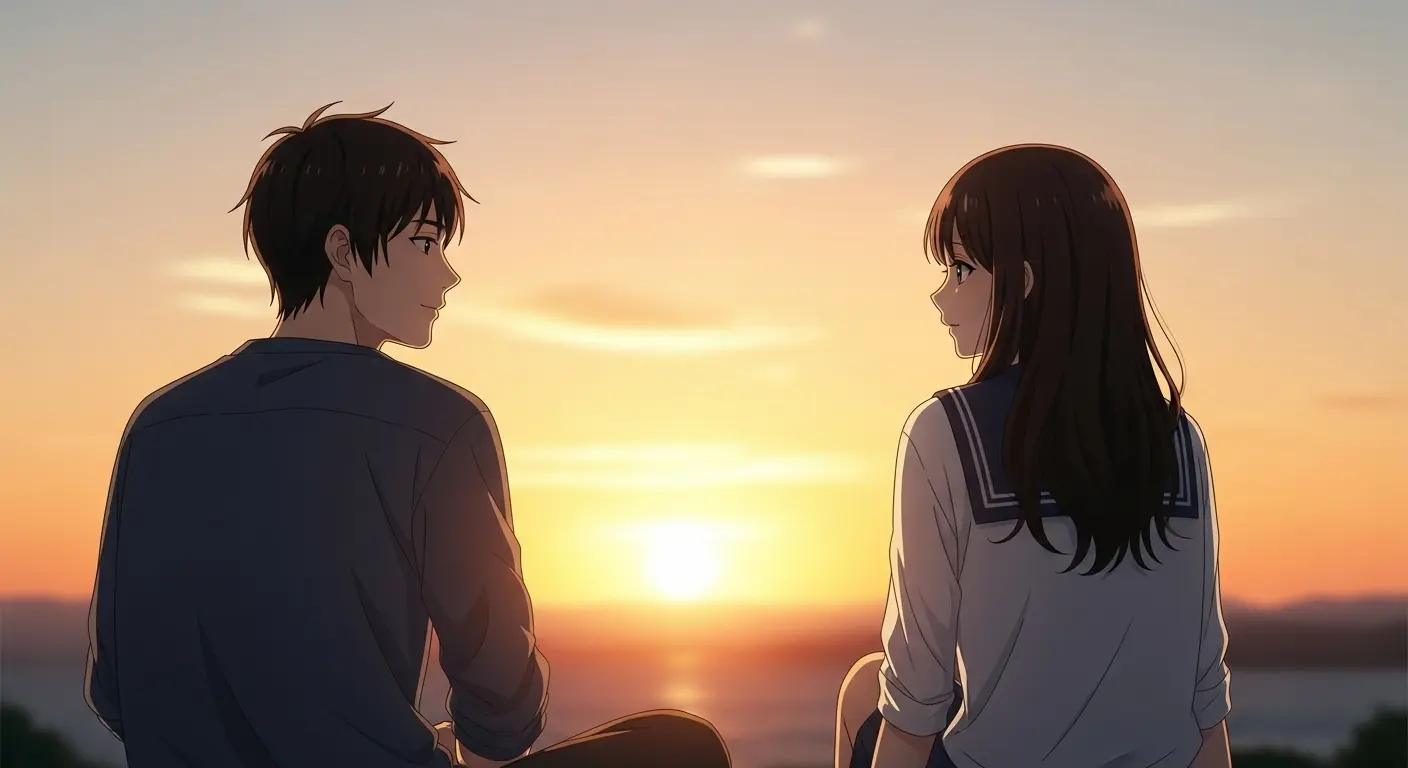 夕焼けの中で語り合う男女の友人