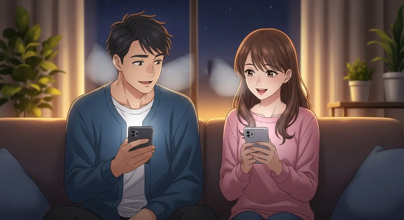 ソファでスマートフォンを使い笑顔で連絡を取り合うカップル