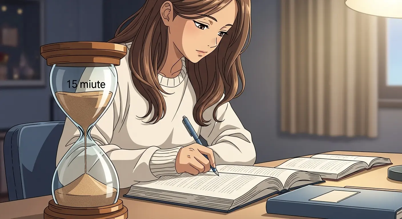 砂時計で時間を区切って勉強する女性