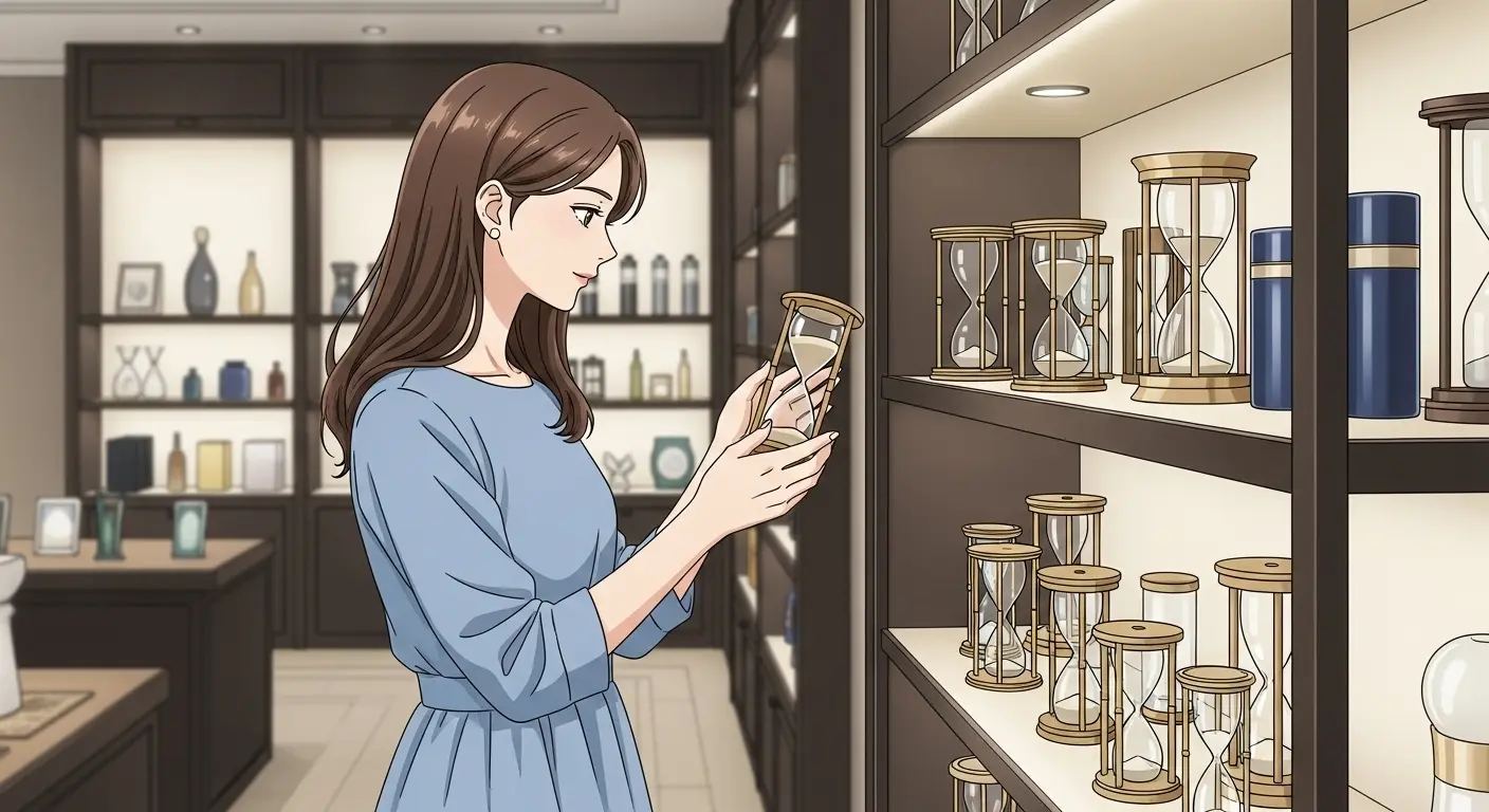 雑貨店で砂時計を選ぶ女性