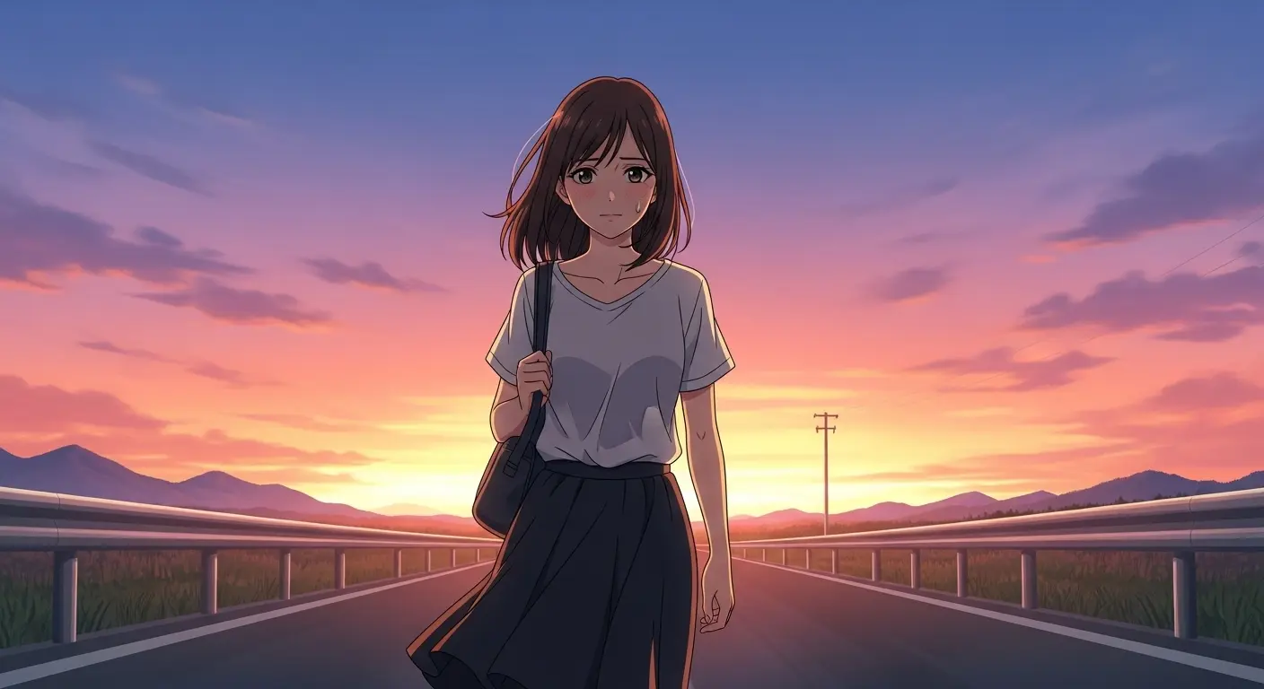 夕焼け空を背景に歩く女性
