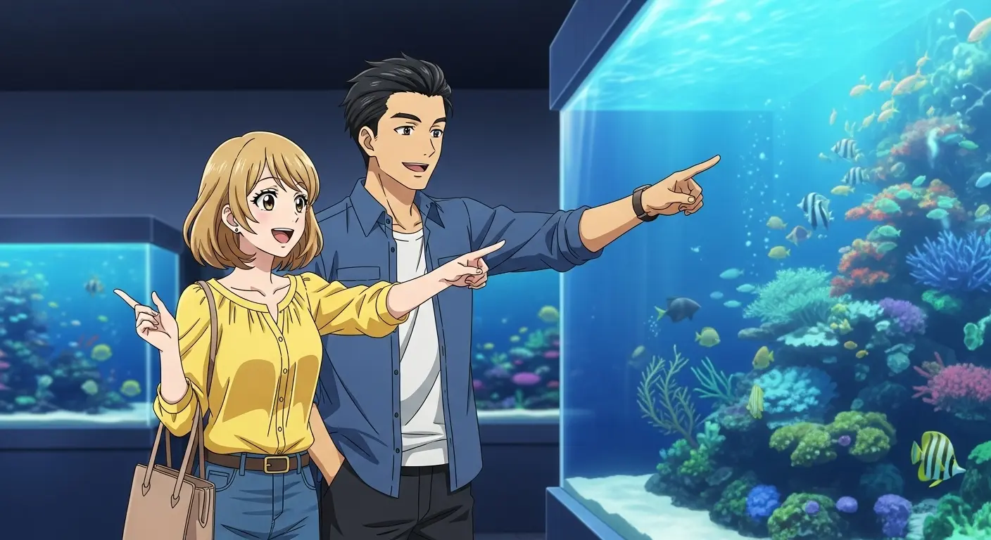 水族館で会話が弾むカップル
