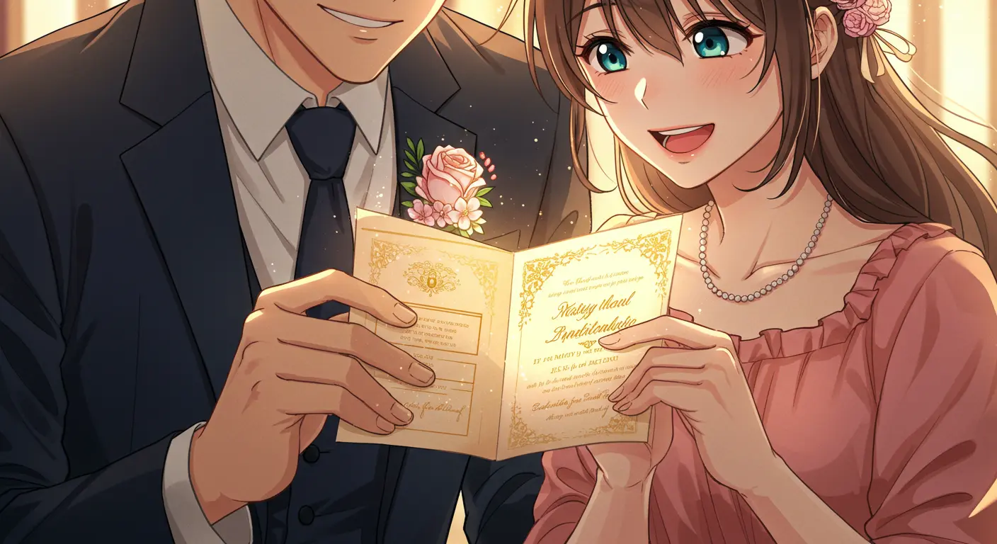 完成した結婚式の招待状を持つカップル