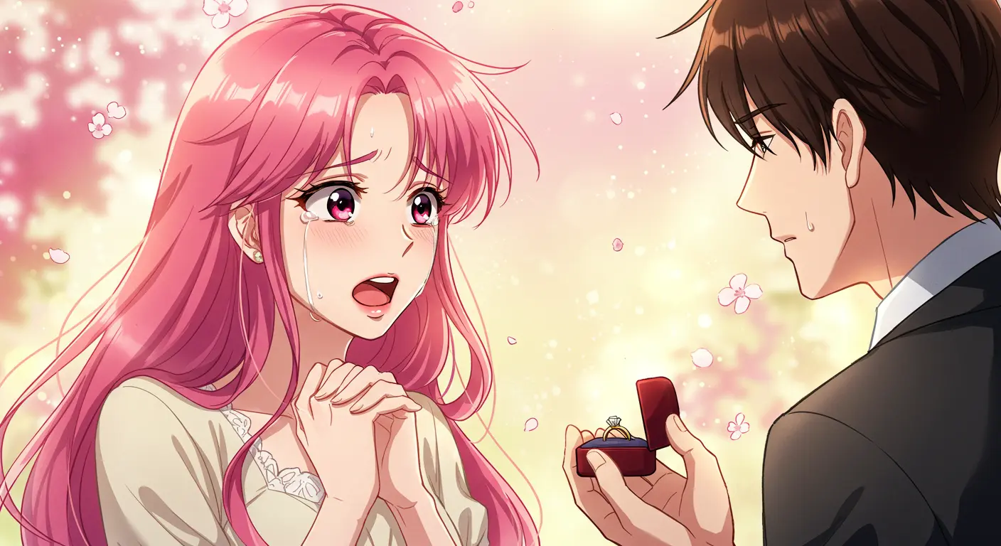プロポーズで婚約指輪を贈る男性と感動する女性