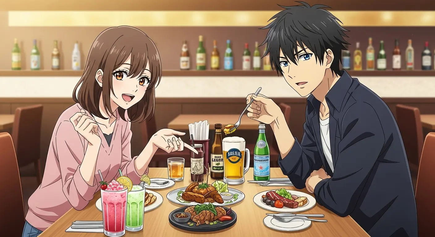 結婚式会場の料理とドリンクをチェックするカップル