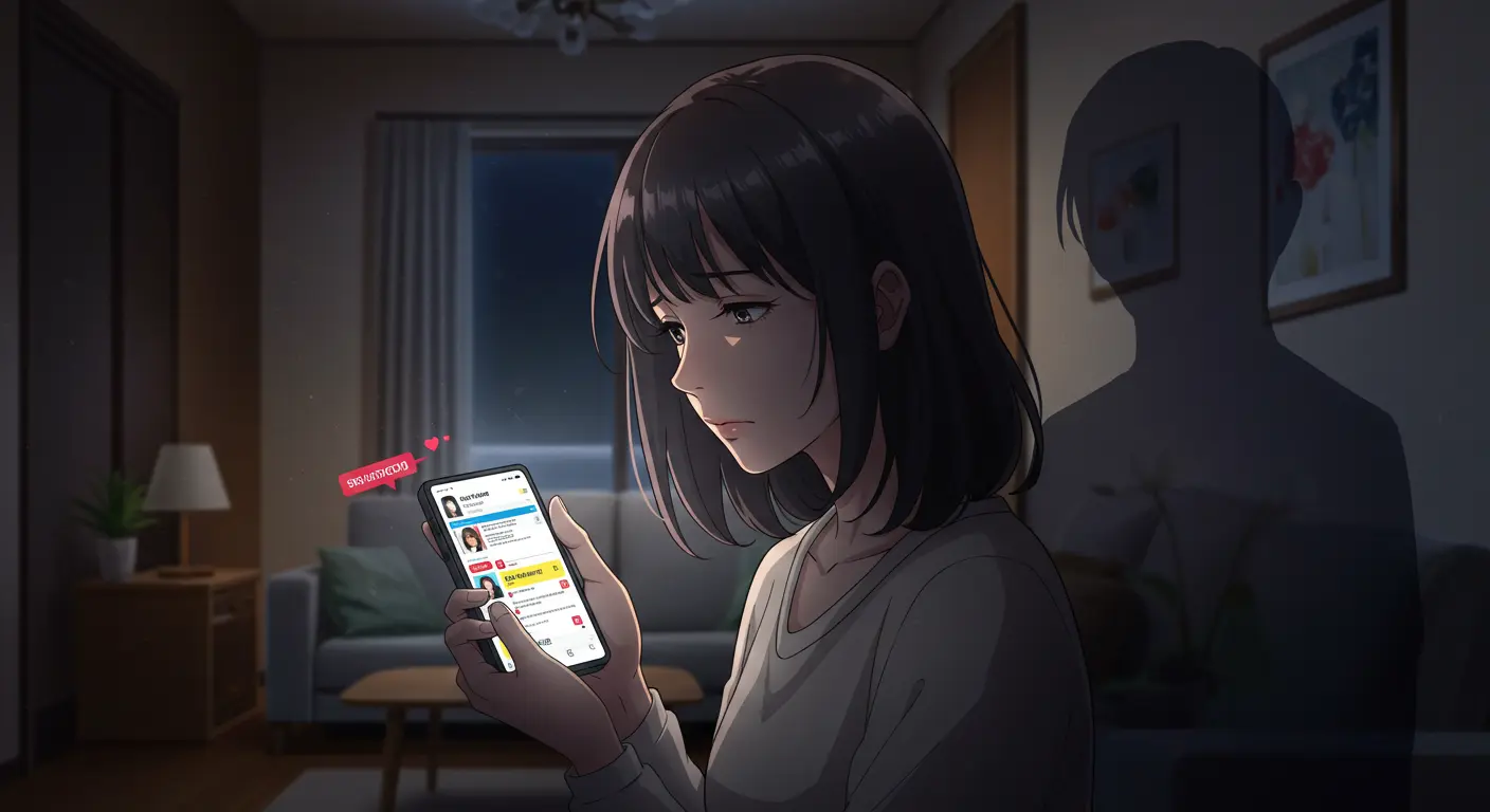 彼氏の二股を疑いスマートフォンを確認する女性