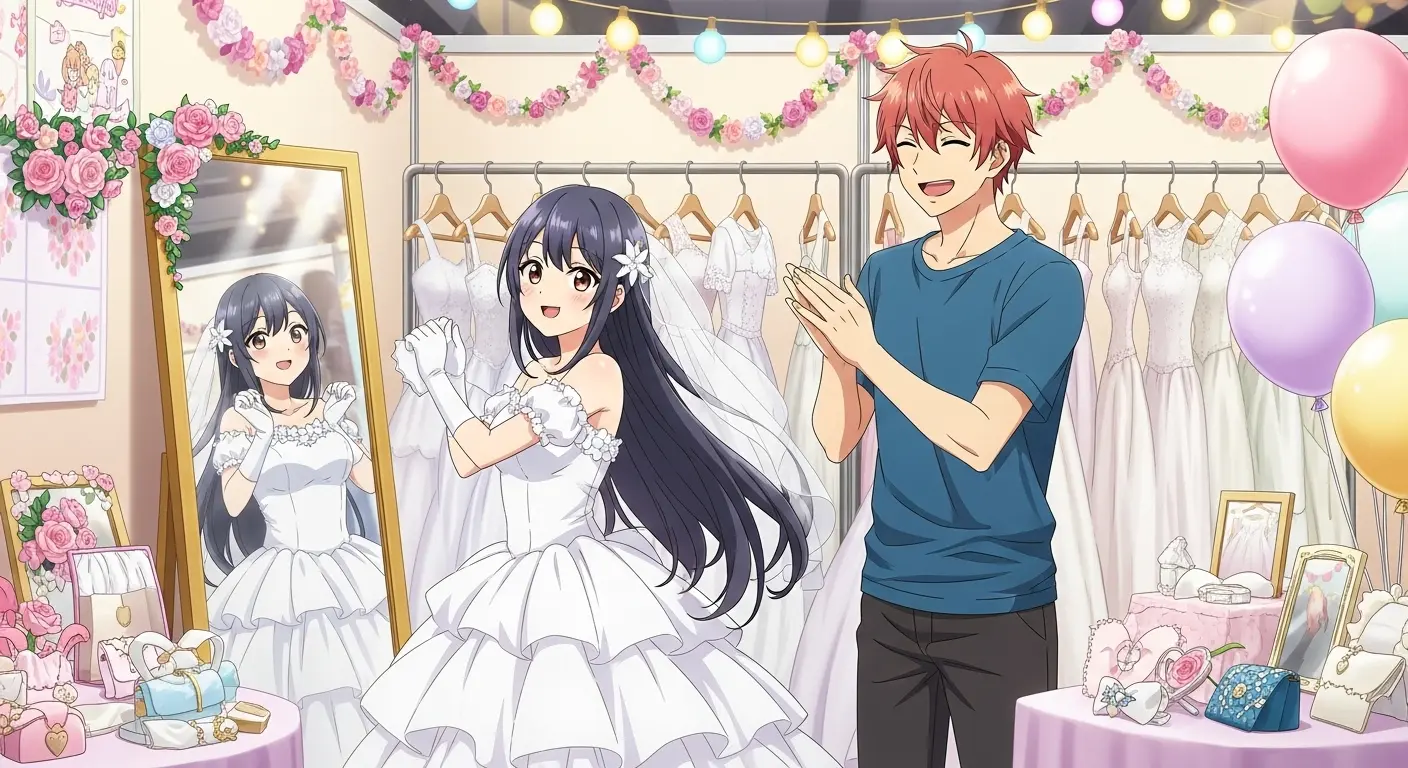 ウェディングドレスを試着する新婦と新郎