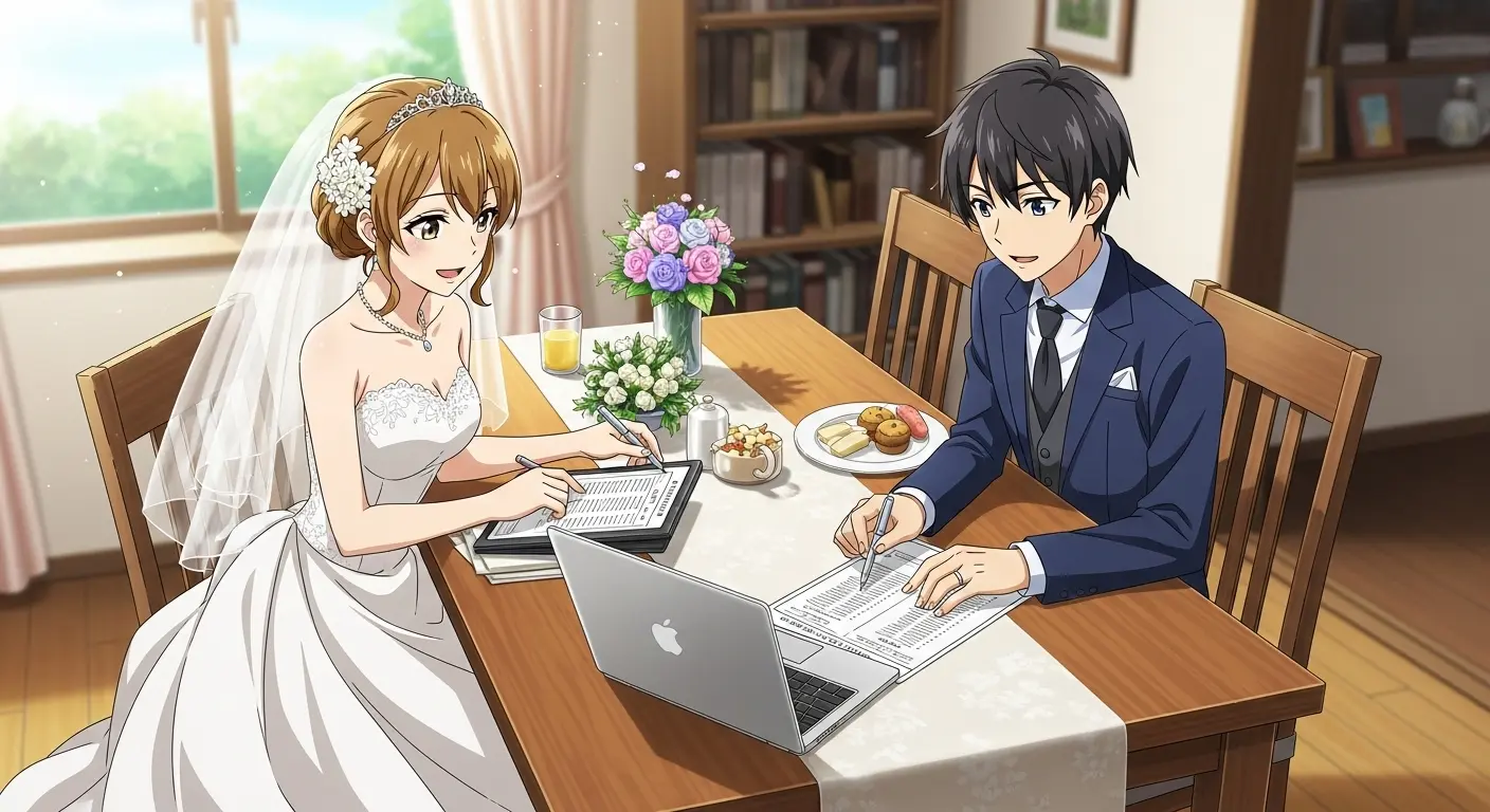 結婚式の招待客リストを作成するカップル