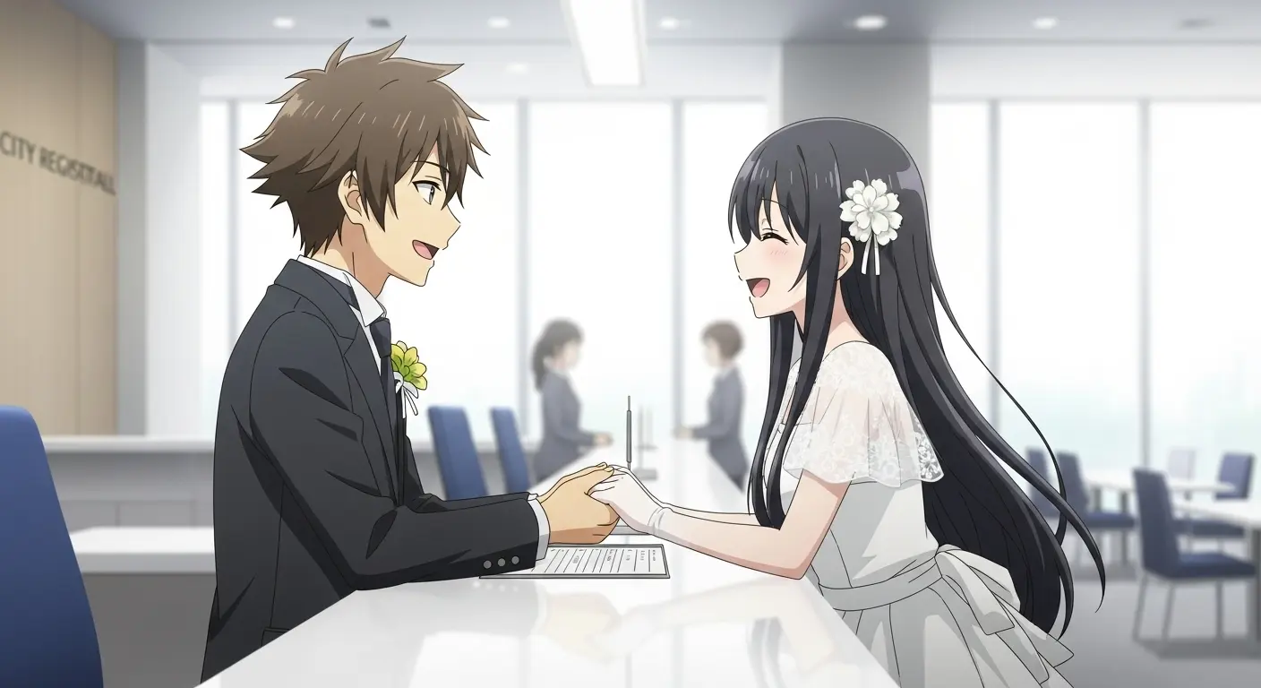 市役所で婚姻届を提出するカップル
