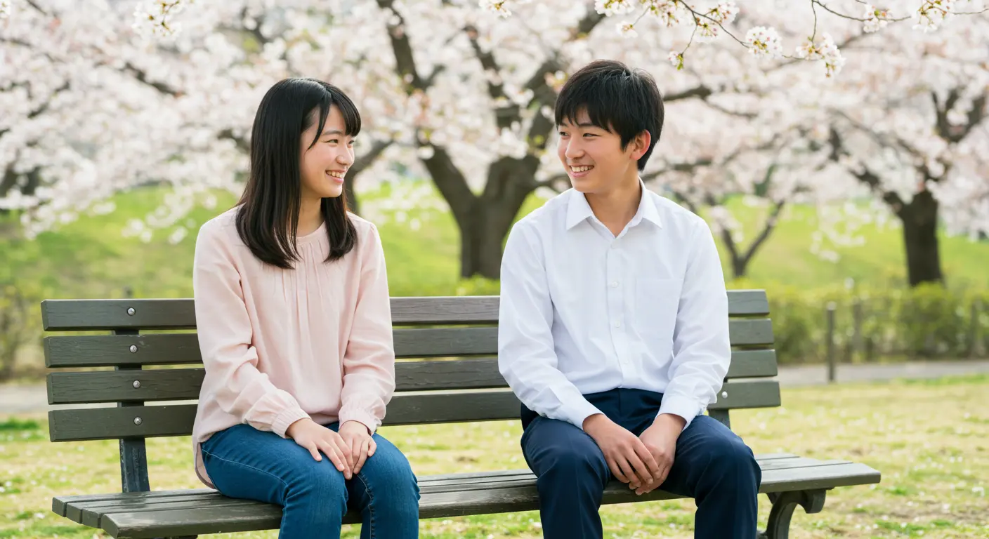 春の公園で笑顔で話す中学生の男女