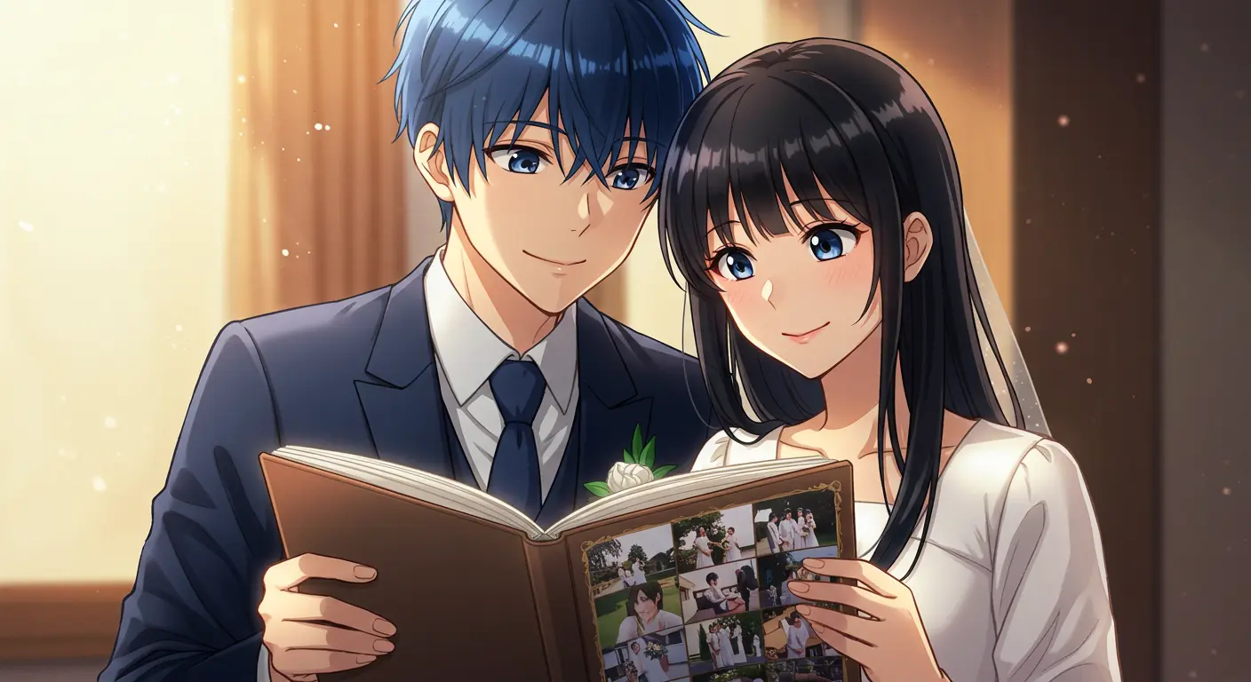 結婚式の写真アルバムを見るカップル