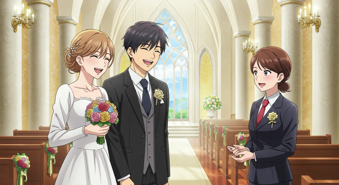 結婚式場見学でプランナーと話すカップル