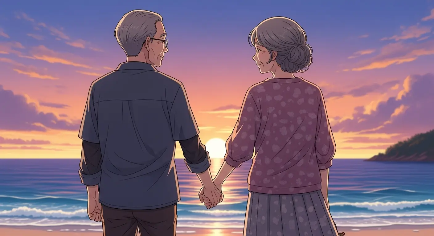 手をつないで歩く幸せな夫婦