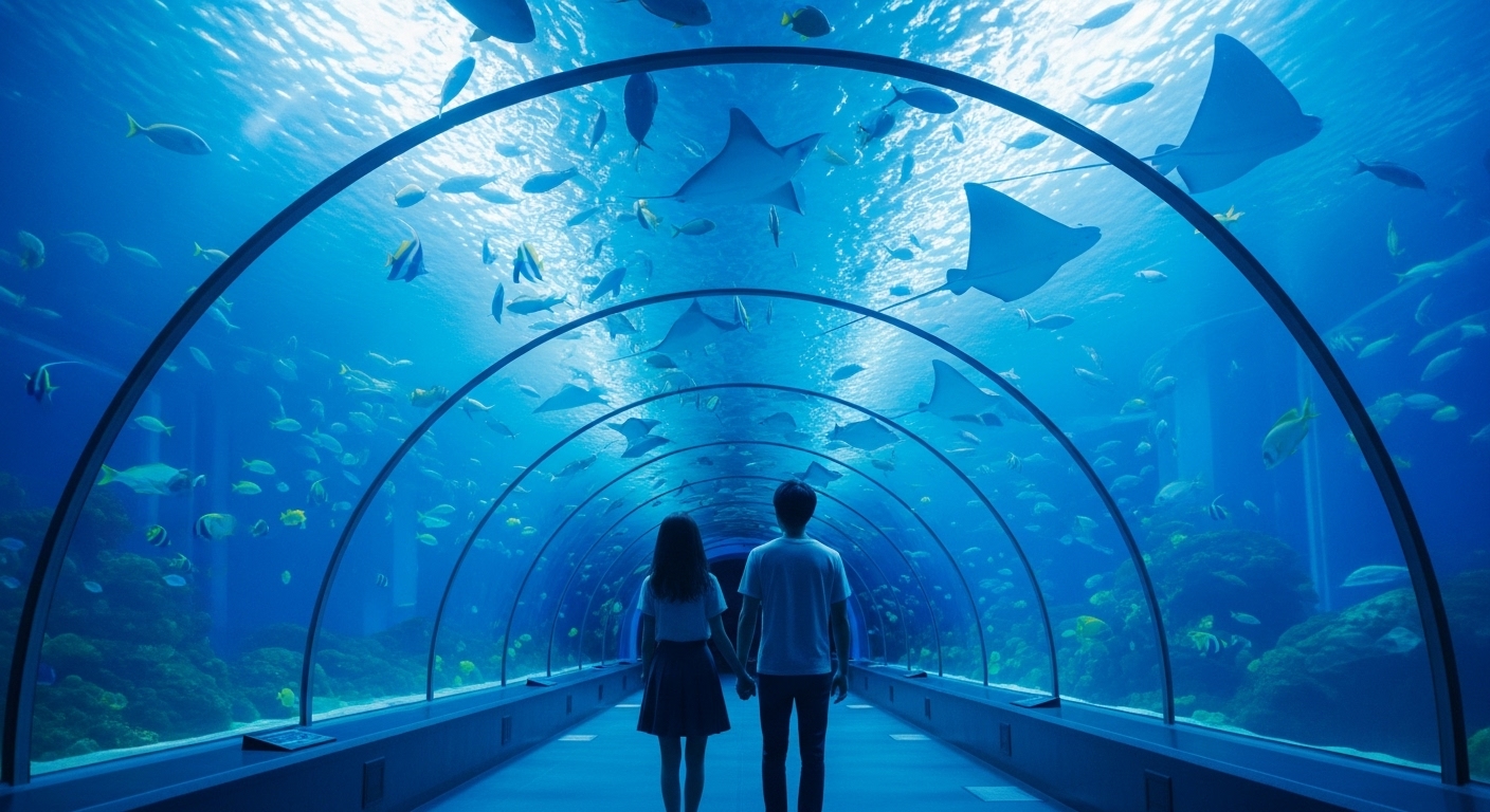 水族館のトンネル水槽を歩くカップル