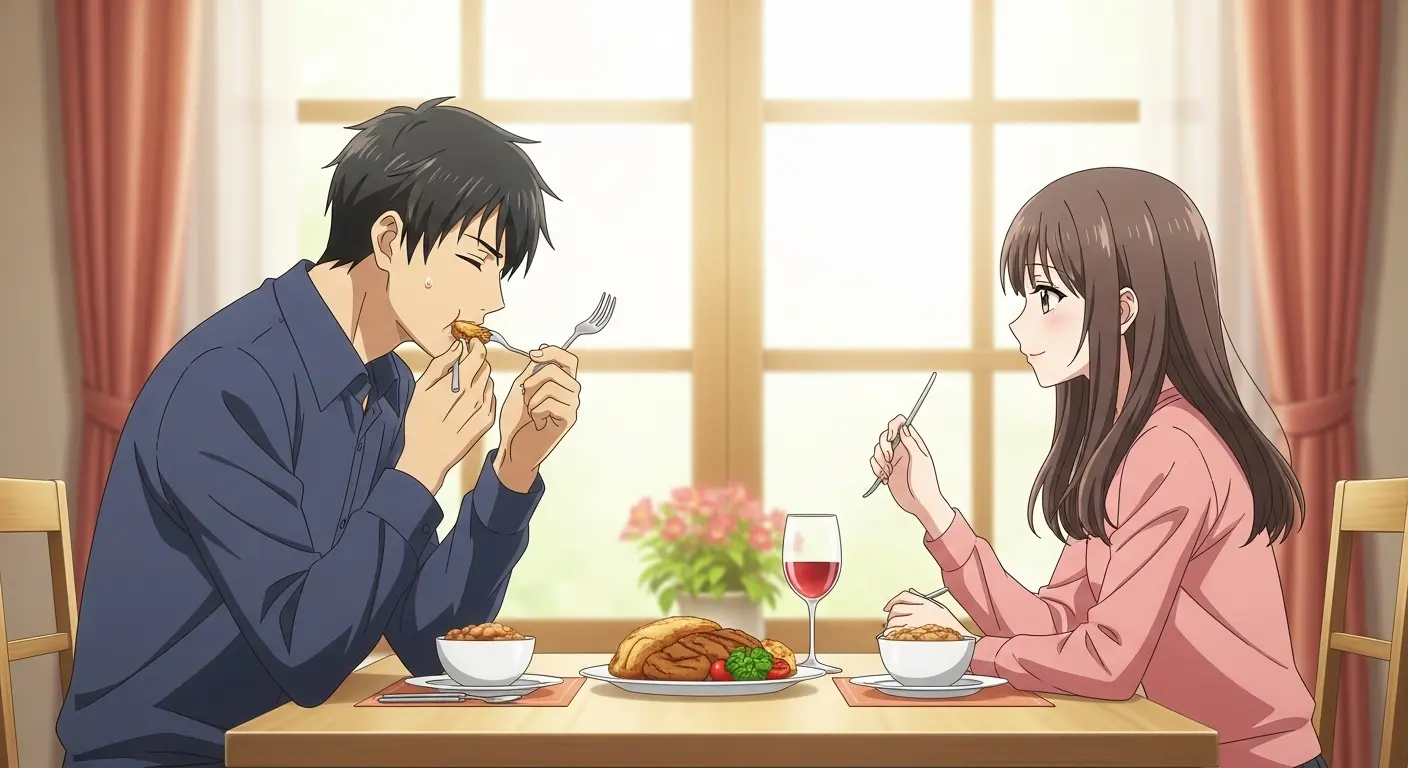 彼の料理を世界一だと褒める彼女