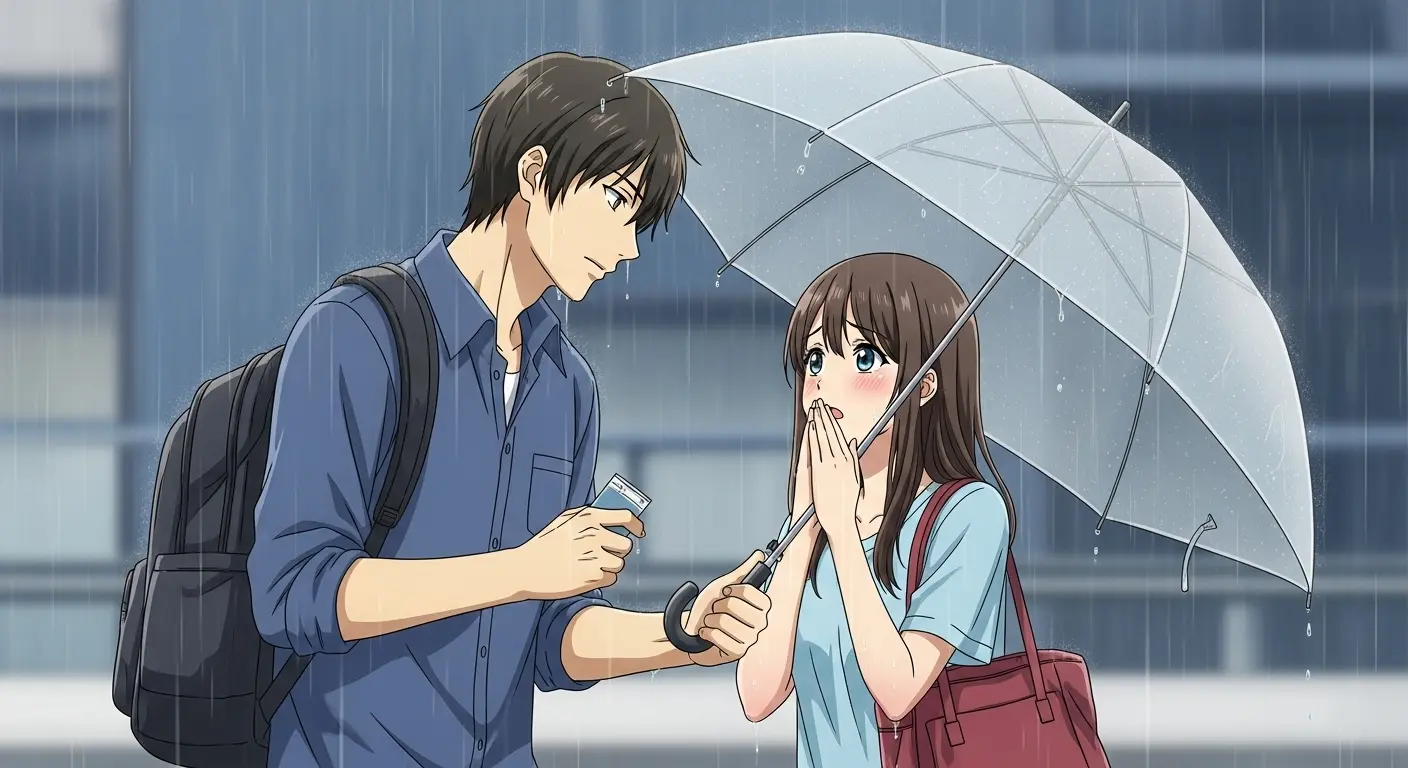 雨の中で傘を差し掛けてくれる彼の優しさを褒める彼女