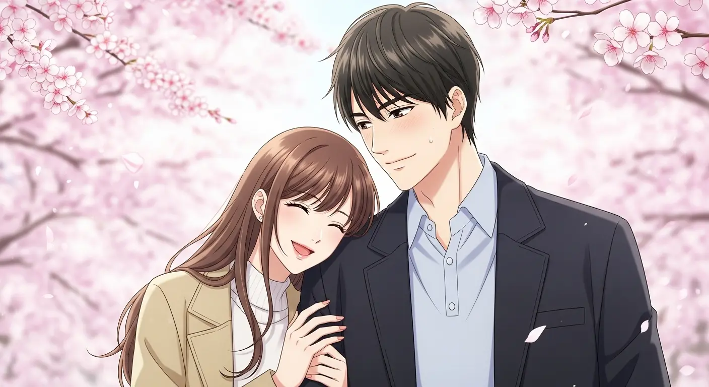  桜の下で幸せそうな笑顔のカップル