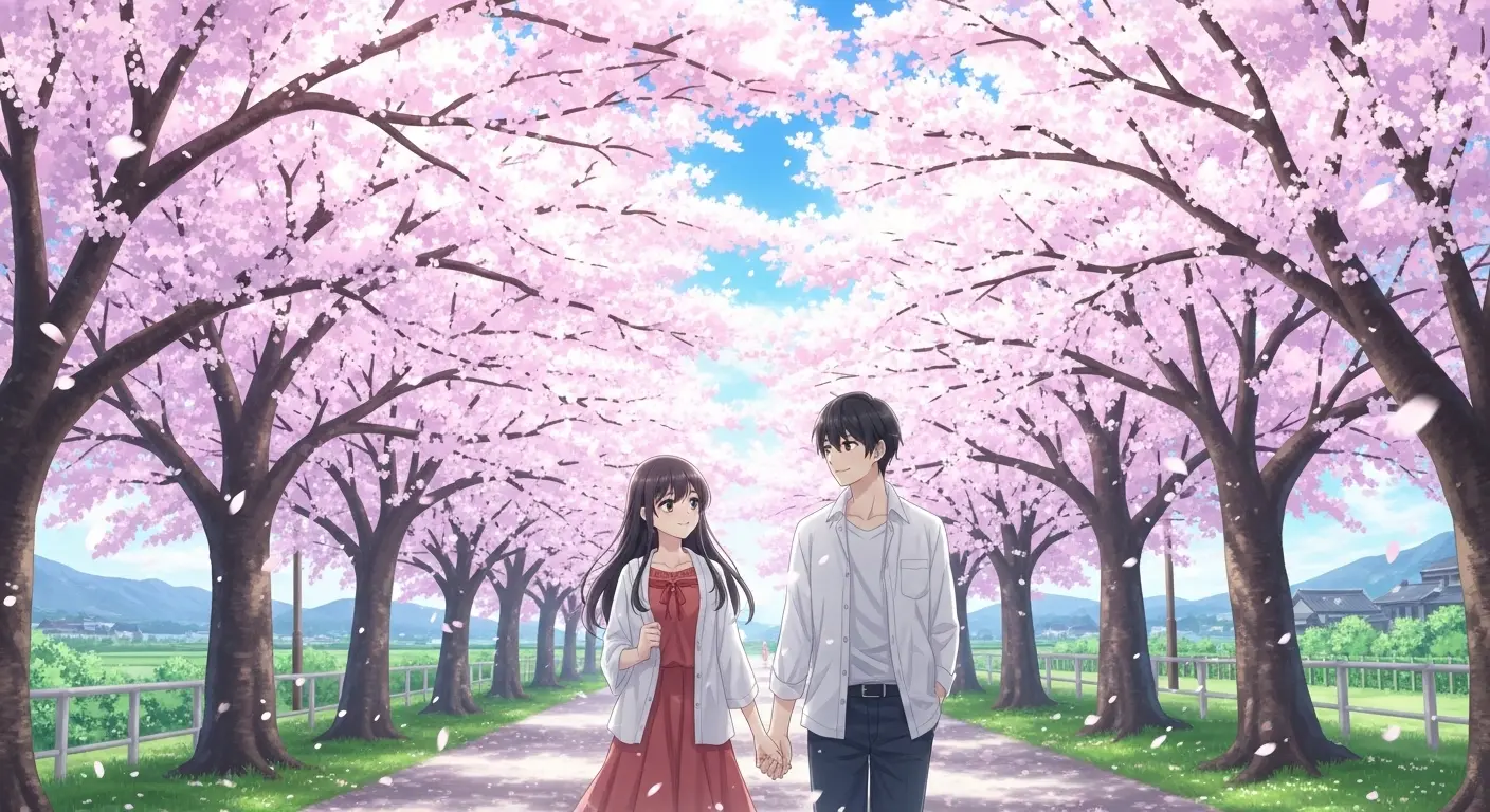 桜並木を散歩するカップル