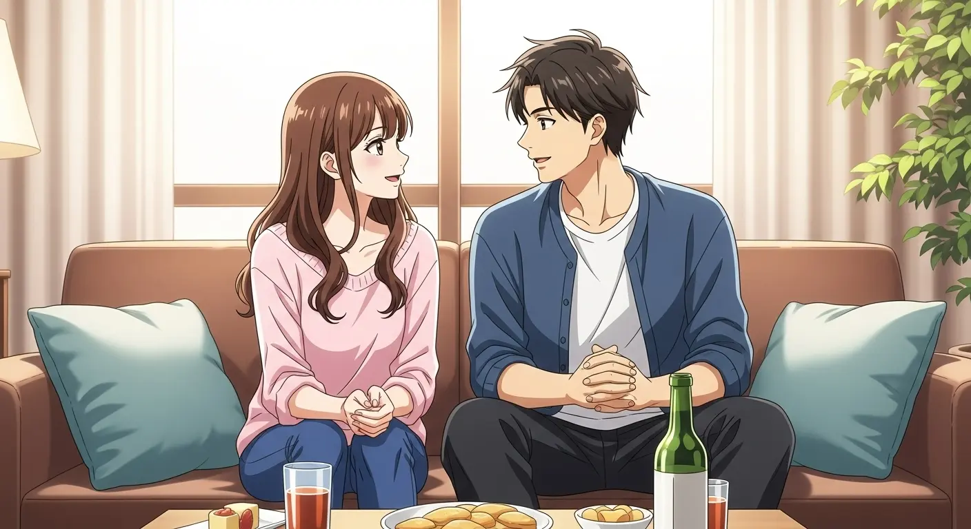 自宅で笑顔で会話するカップル