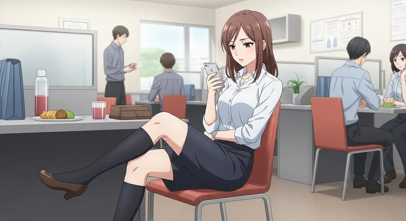 職場で退屈そうに足を組む女性