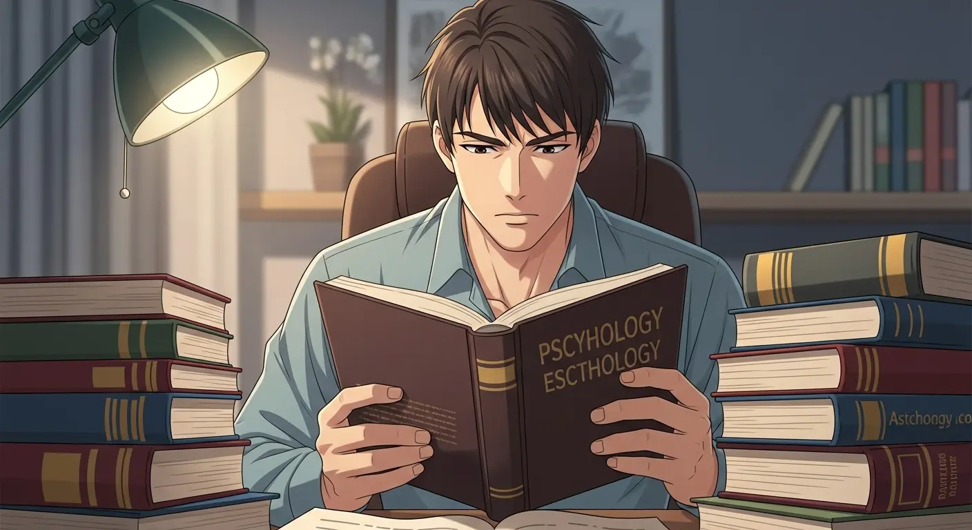 心理学の本を読む男性