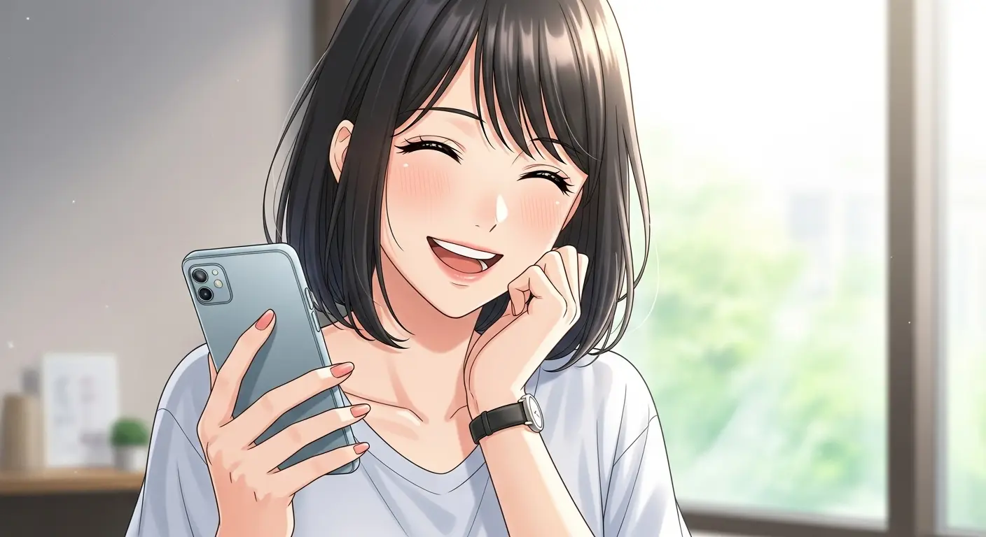 好きな人からのLINEを見て笑顔になる女性