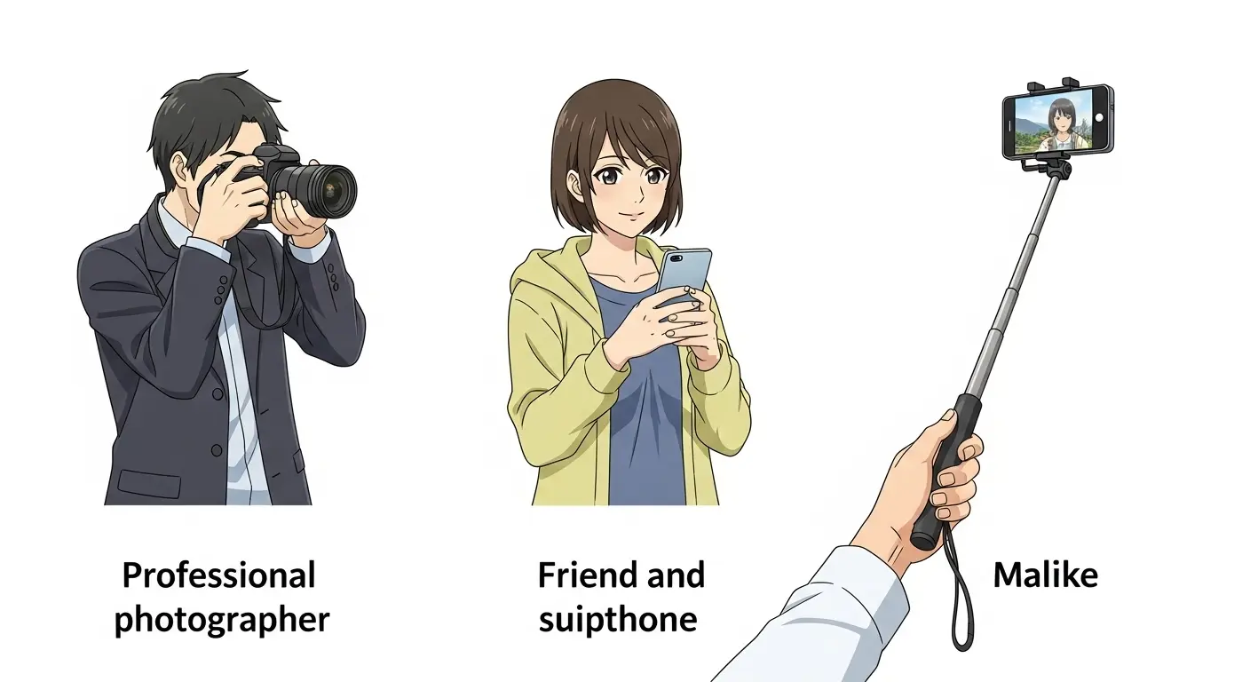 プロのカメラマン、友人、自撮りによる写真撮影の方法。