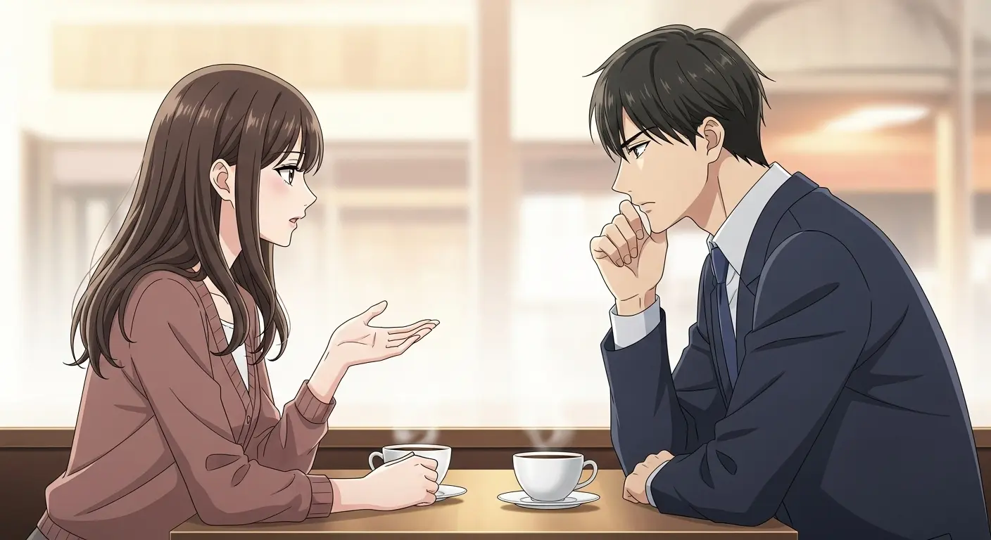 カフェで真剣に話を聞く男性