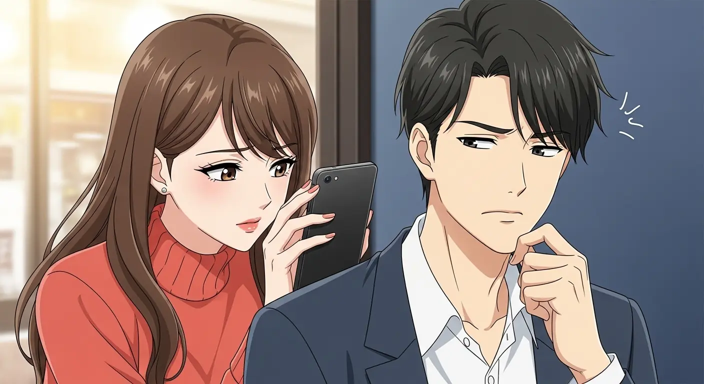 恋人のスマホを覗き込む女性
