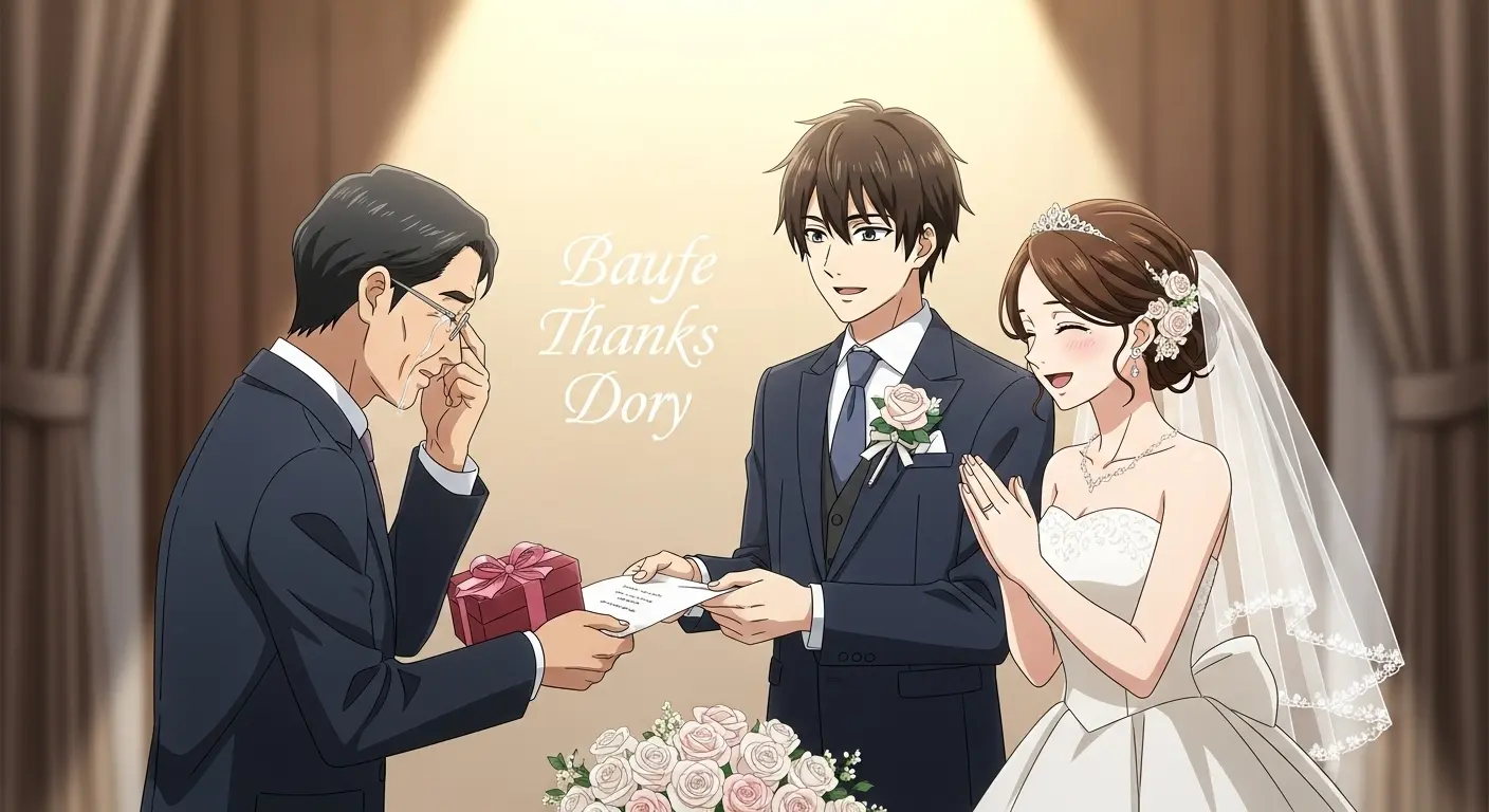 結婚式で両親にプレゼントを贈呈する新郎新婦