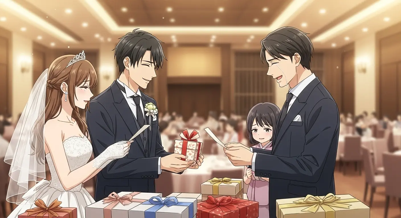 結婚式で両親にプレゼントを贈呈する新郎新婦