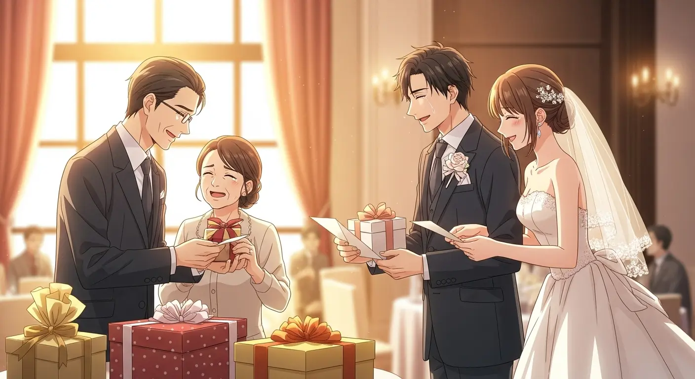 結婚式で両親にプレゼントを贈呈する新郎新婦