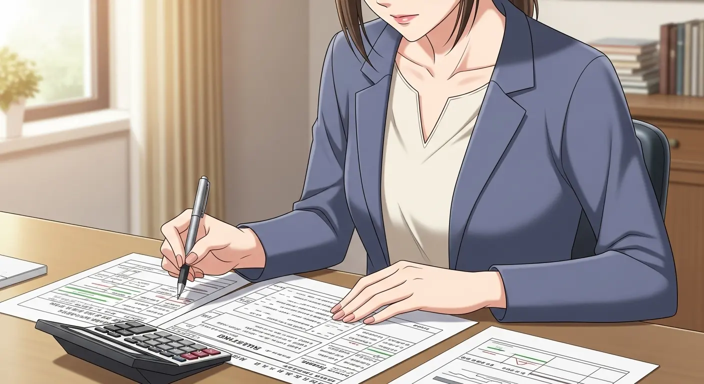 収入と支出を把握するために書類を確認する女性