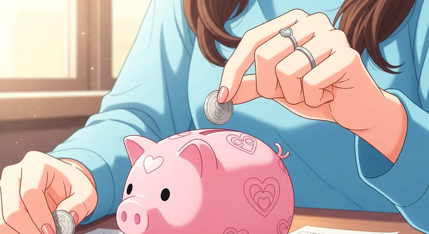 貯金箱に貯金する女性の手