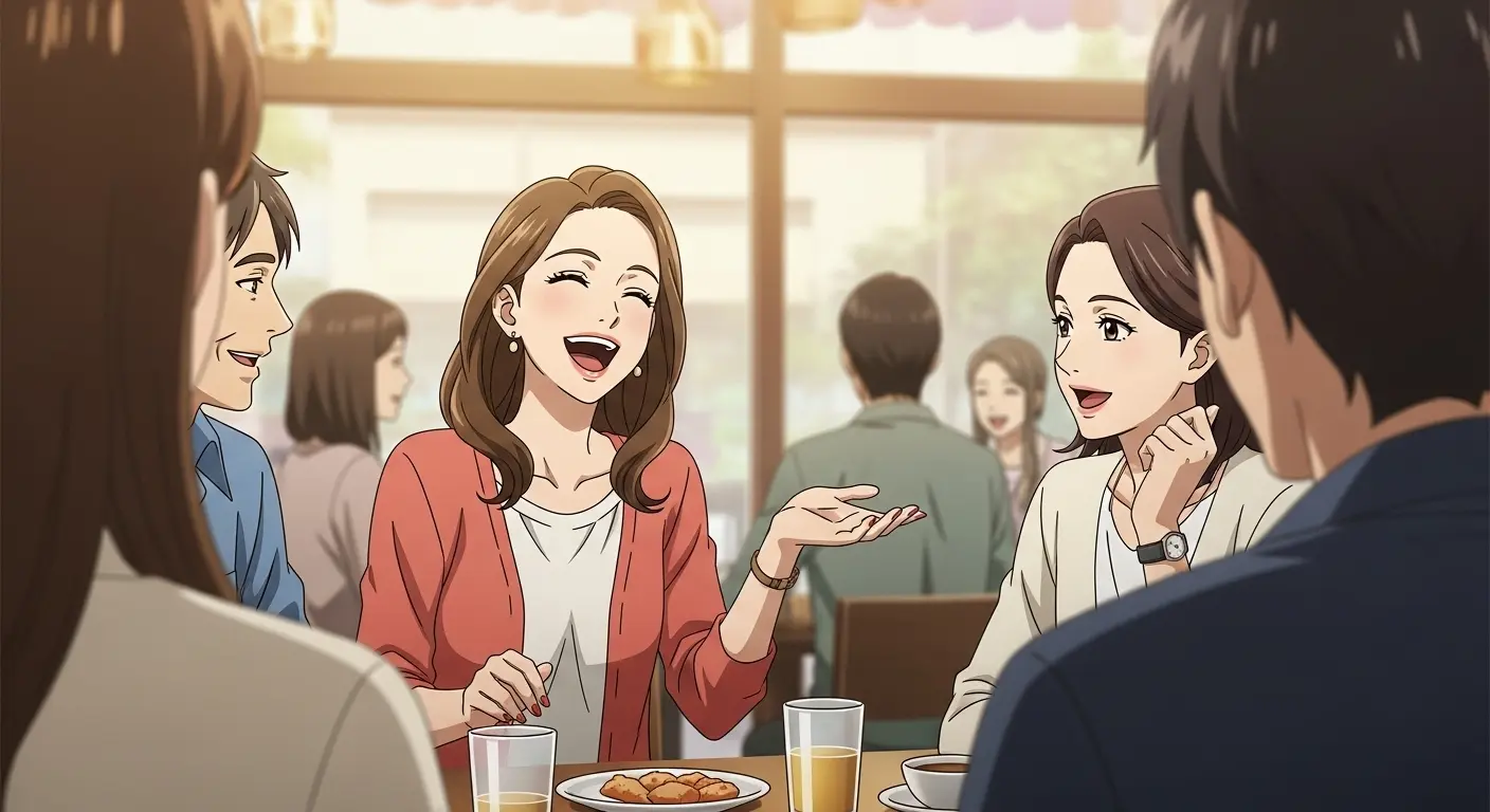 友人たちと楽しそうに交流する女性