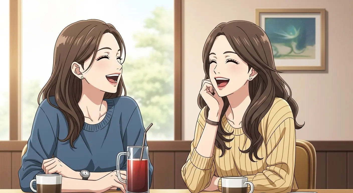 カフェで笑い合う女性の友人たち