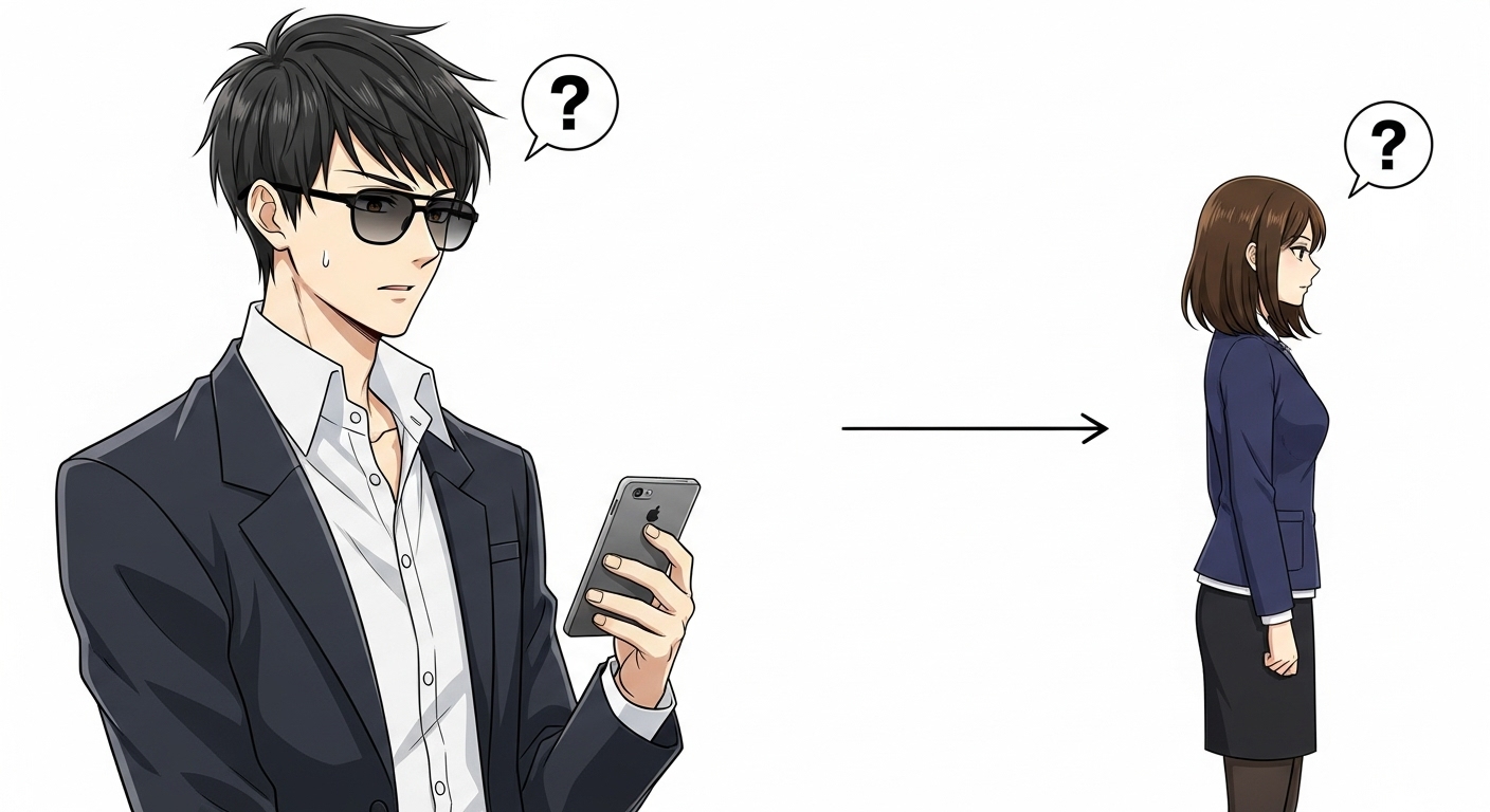 デートに誘うのをためらい、内面の葛藤を抱えるアスパラベーコン男子と、彼からの誘いを待つ女性のイラスト