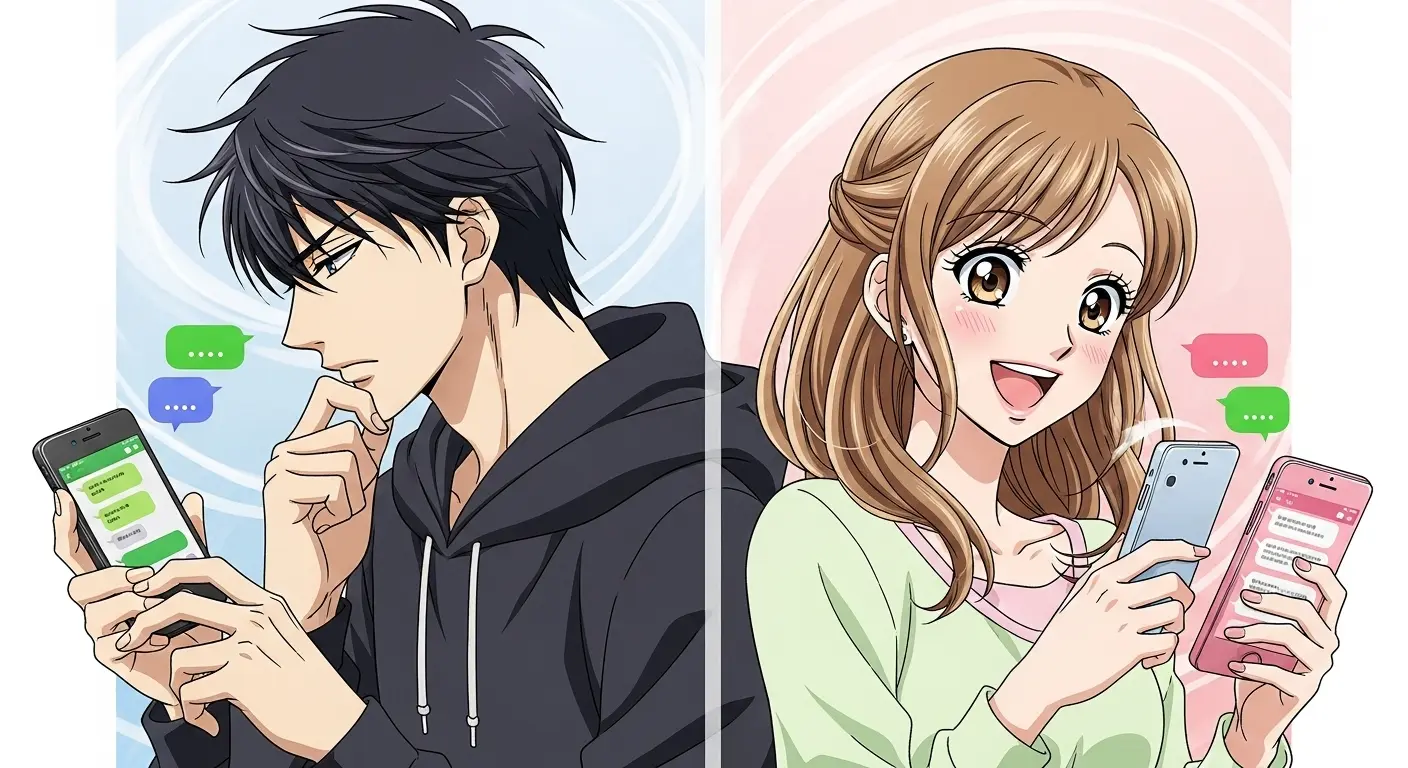 アスパラベーコン男子と女性がポジティブなLINEメッセージをやり取りするイラスト