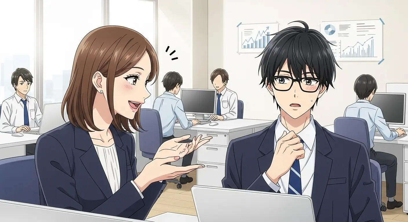 女性がアスパラベーコン男子のプレゼンを具体的に褒め、彼が少し照れながらも嬉しそうな表情をしているイラスト