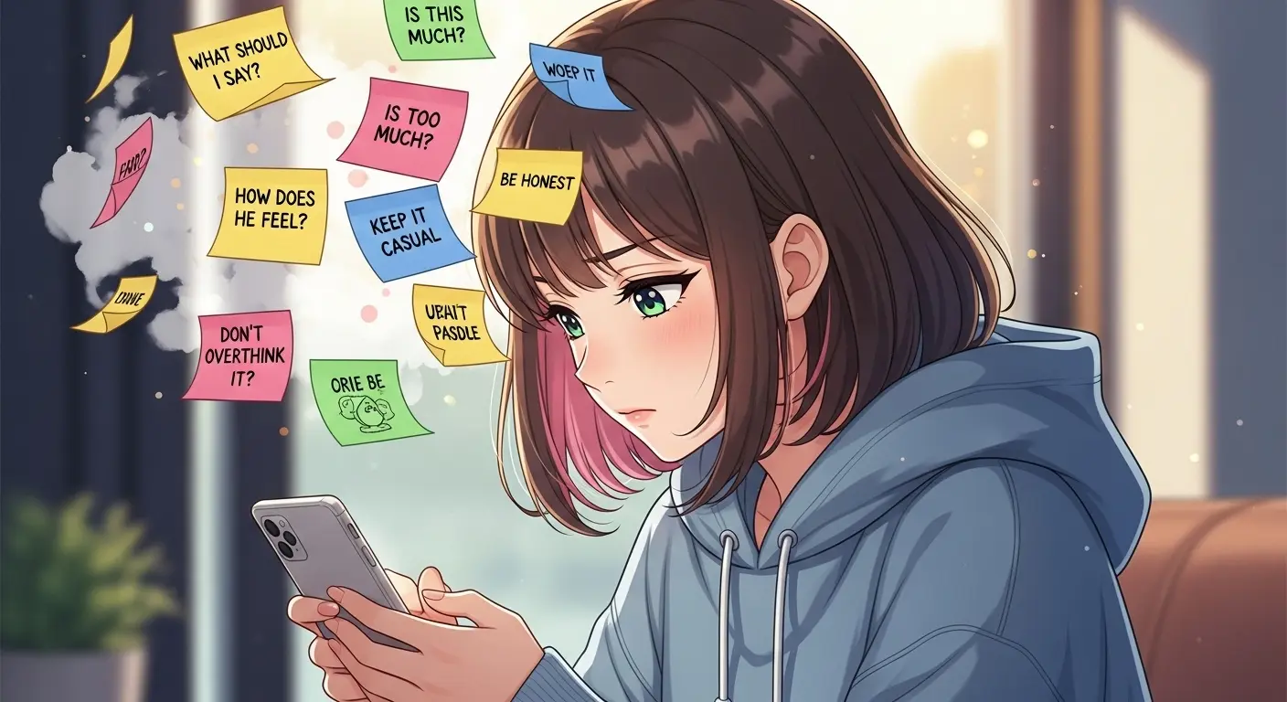 チャット相談で考えを整理している女性のイラスト