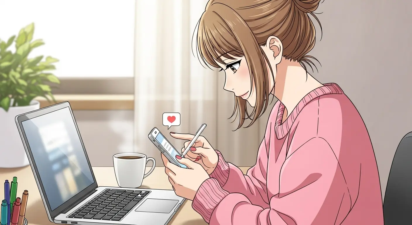 丁寧にLINEのメッセージを打つ女性のイラスト