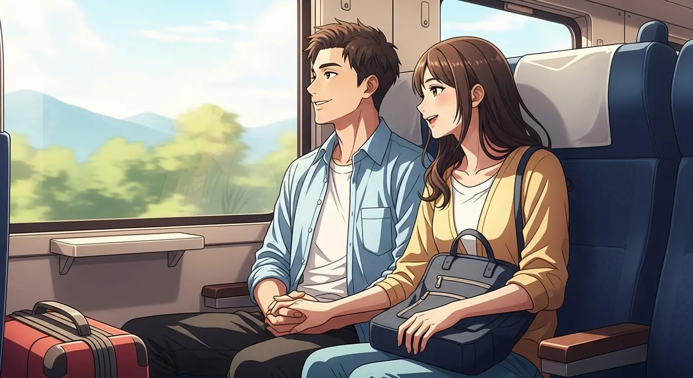 電車で旅行を楽しむカップル