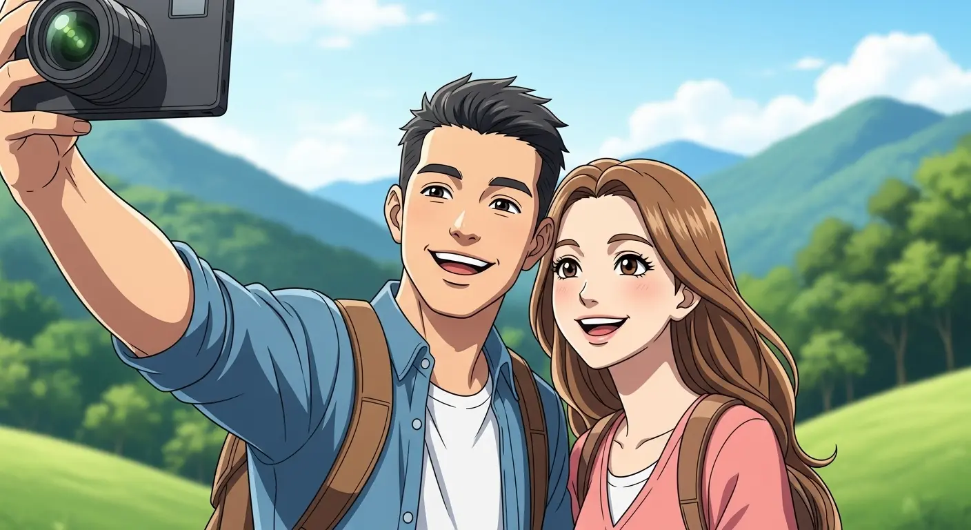 旅先で二人で自撮りを楽しむカップル