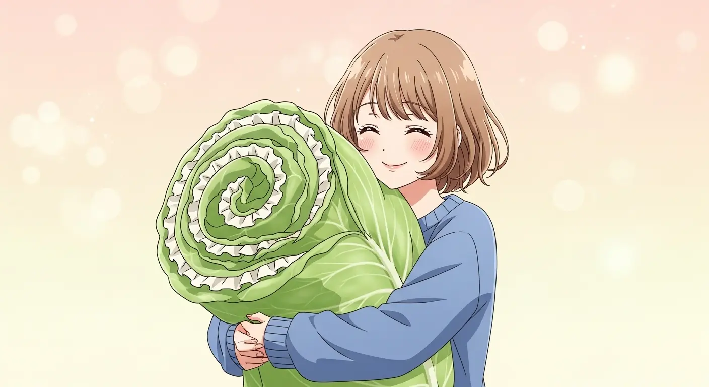 ロールキャベツに似たブランケットを抱きしめる女性のイラスト