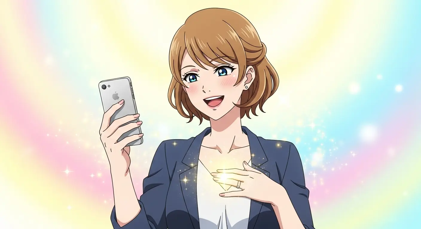 電話相談で悩みが解決し、幸せになった女性のイラスト