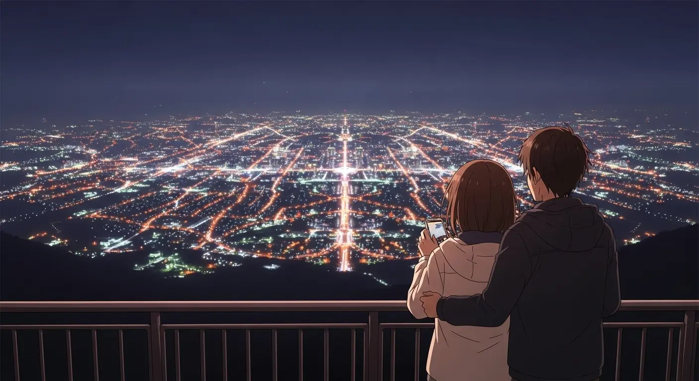 函館山の展望台から夜景を眺めるカップル