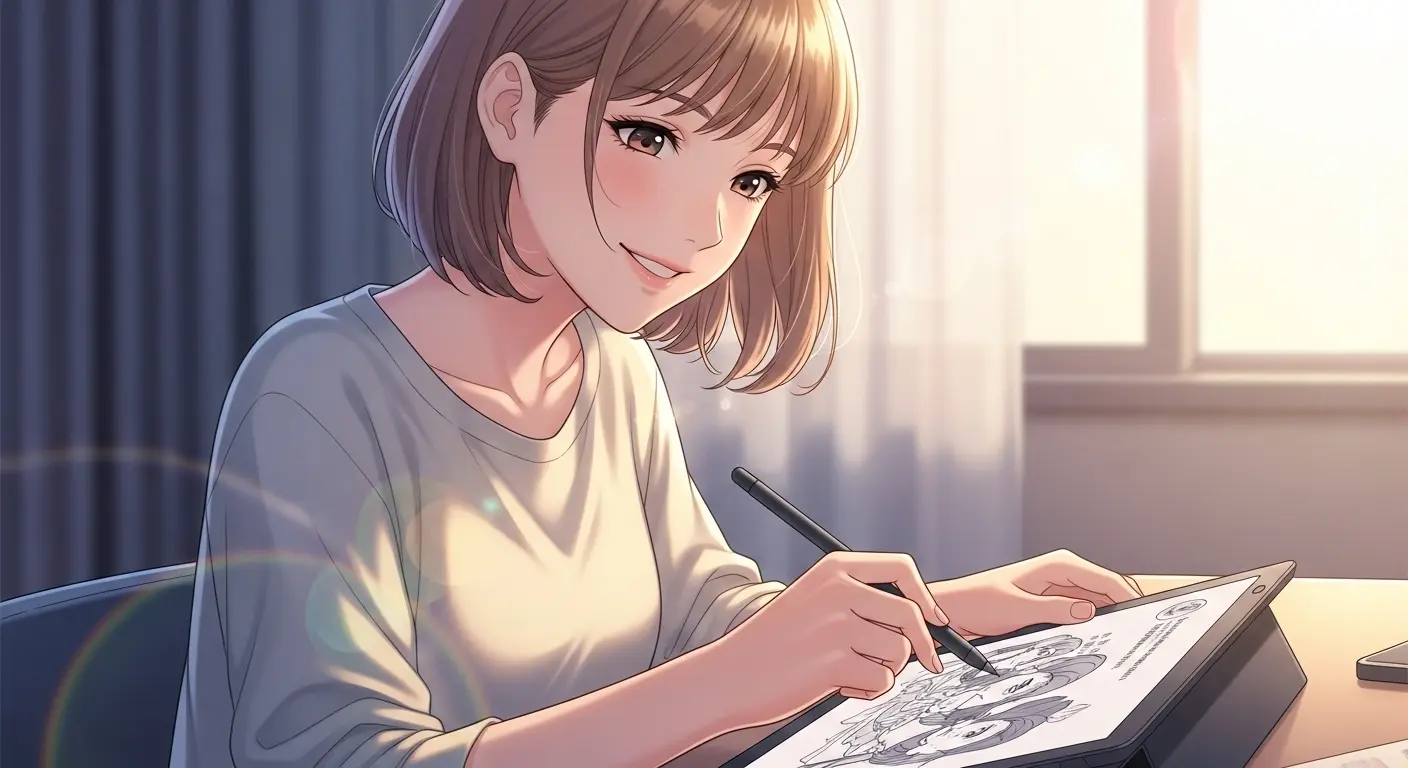 タブレットでイラストを描く女性