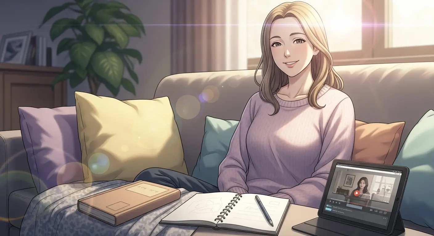 家で趣味を楽しむ女性。本を読んだり、絵を描いたりしている