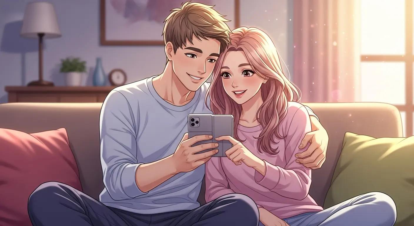 実家暮らし同士のカップルが仲良くスマホを見ている
