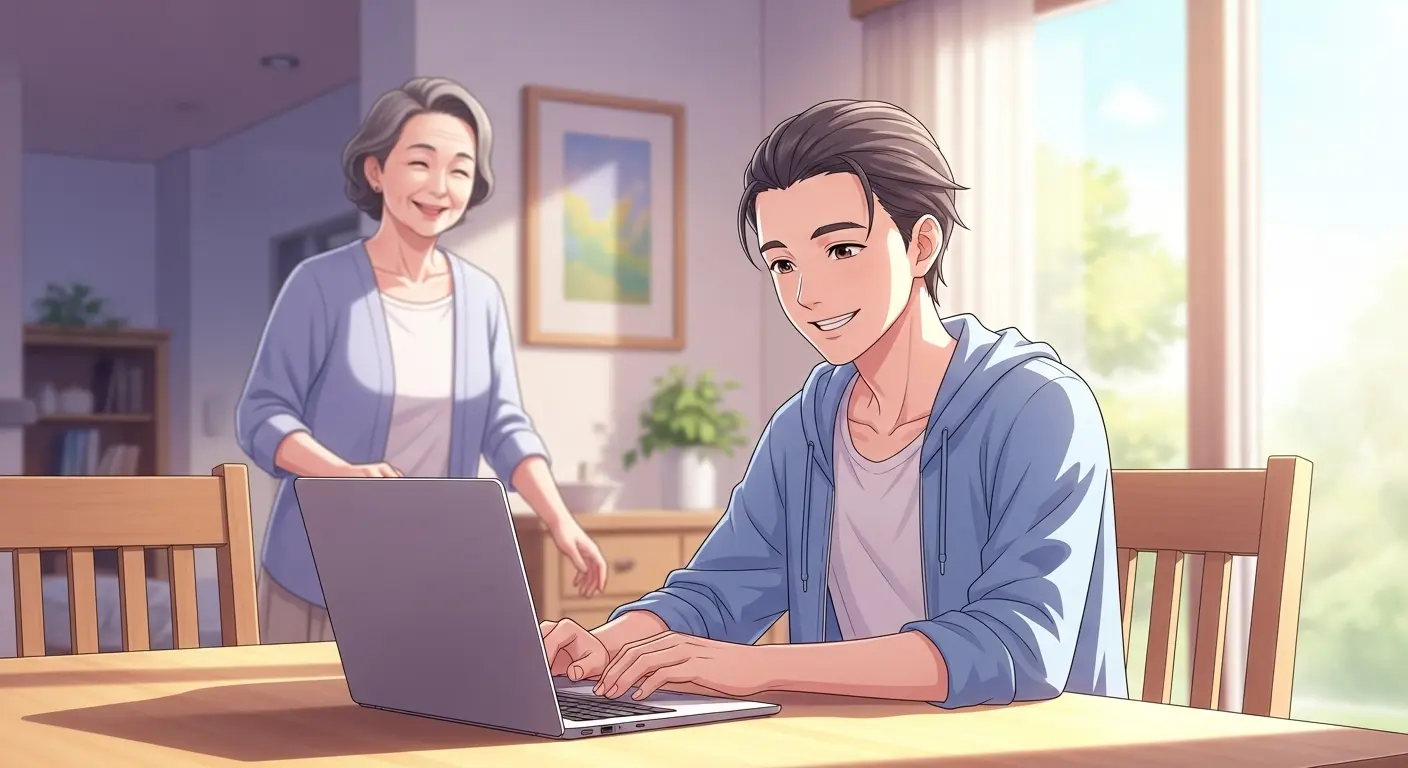実家でくつろぎながらパソコンを操作する若者